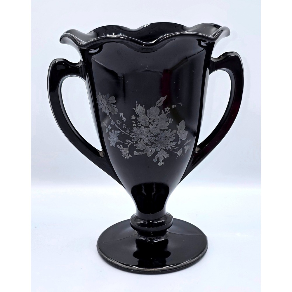 .LE. Smith Black Loving Cup S.S. RARE Floral Design Overlay Ruffled Rim Handles - Picture 5 of 12